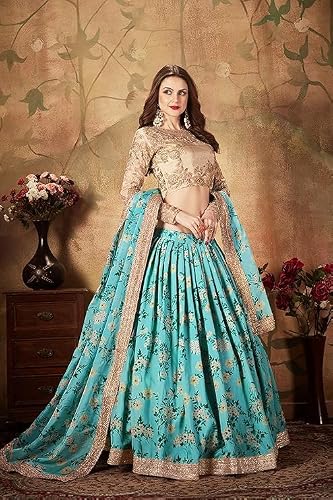 Zeel Clothing Women's Sky Blue Floral Printed Organza Semi-Stitched Lehenga Choli with Dupatta (7027-SkyBlue-Wedding-Bridal-Lehenga-New,Free Size)