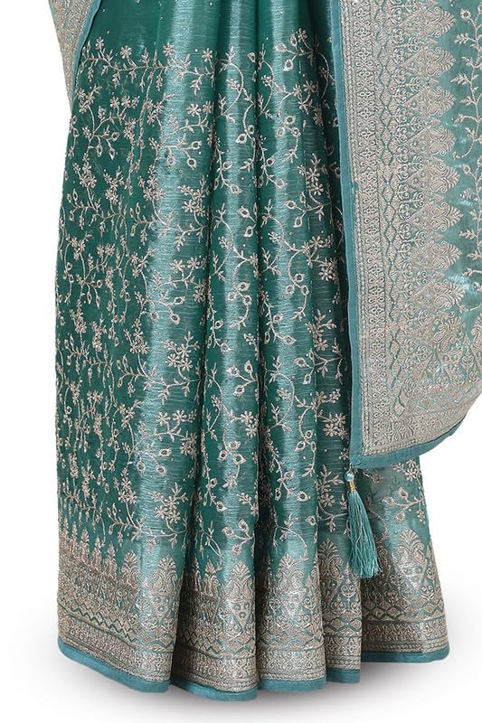 Soch Womens Teal Organza Embroidered Saree With Stone Work
