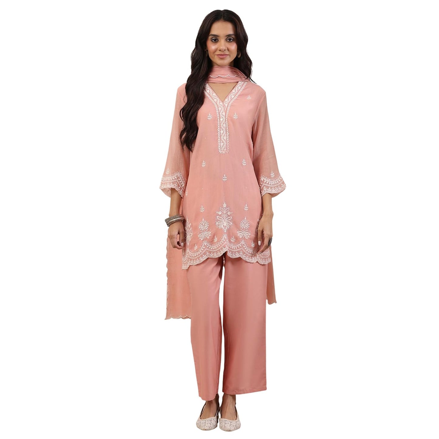Biba Women Peach Silk Chanderi Straight Suit Set_38