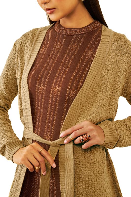 Soch Womens Beige Acrylic Knitted Open-Front Longline Shrug with Waist Tie-Up