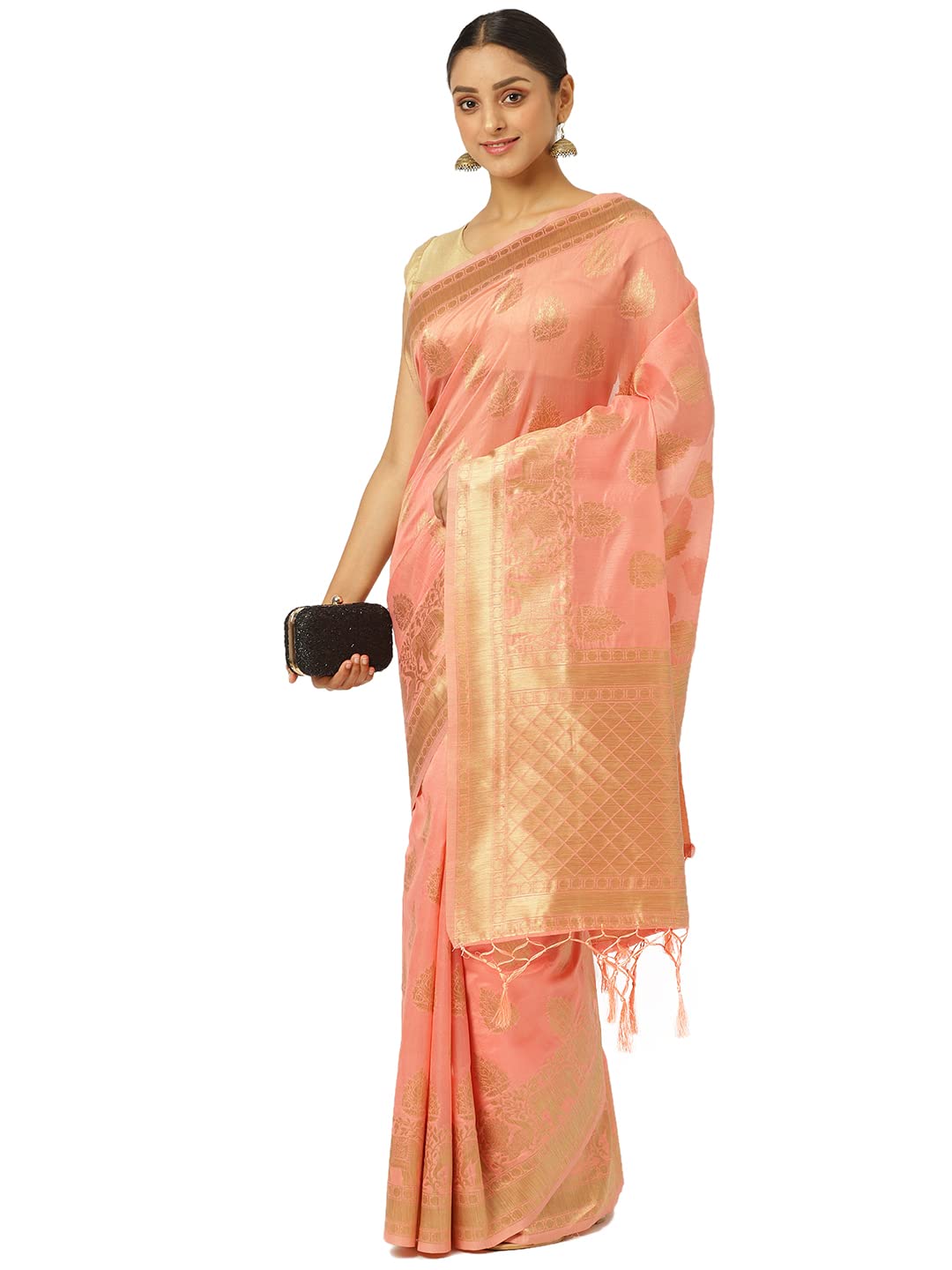 KARAGIRI Womens Maheshwari Silk Pink Saree With Blouse Piece