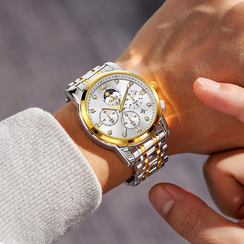 OLEVS Watch for Men Diamond Business Dress Analog Quartz Stainless Steel Waterproof Luminous Date Two Tone Luxury Casual Wrist Watch, Silver watches gold 3655, men watch
