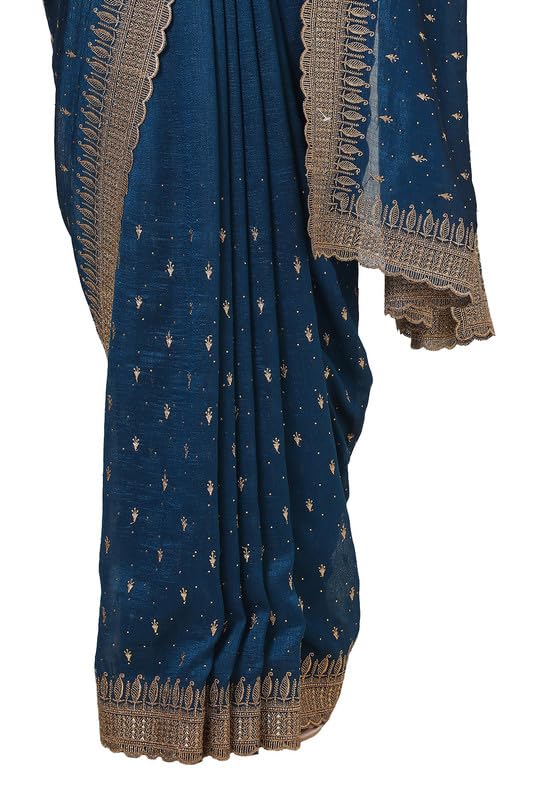 Soch Womens Blue Tussar Embroidered Saree With Stone Work