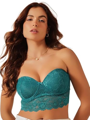 Clovia Women's Lace Padded Underwired Full Coverage Multiway Longline Bralette_BR2097R36_Teal_36C