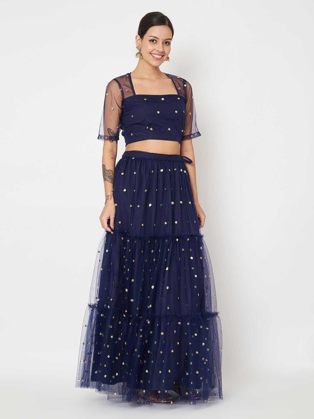 studio rasa Women's Net Sequin Embroidered Tiered Lehenga Set for Wedding Festive Party (LHSC52402L_Navy_Large)