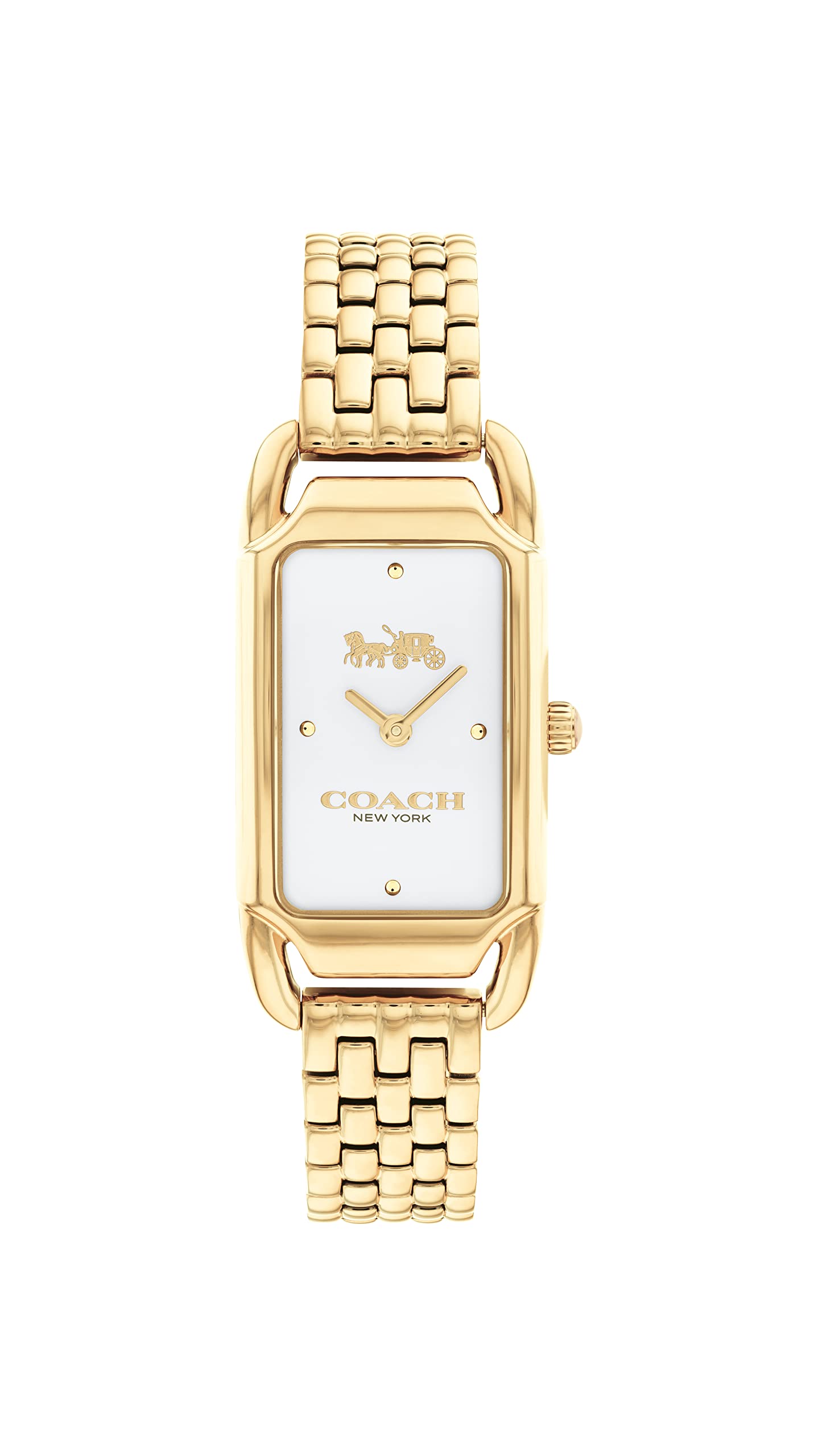 Coach Cadie Qtz Basic Slim Silver White Rectangle Dial Women's Watch|Ionic Plated Thin Gold Steel Material|Gold Color Band - 14504042
