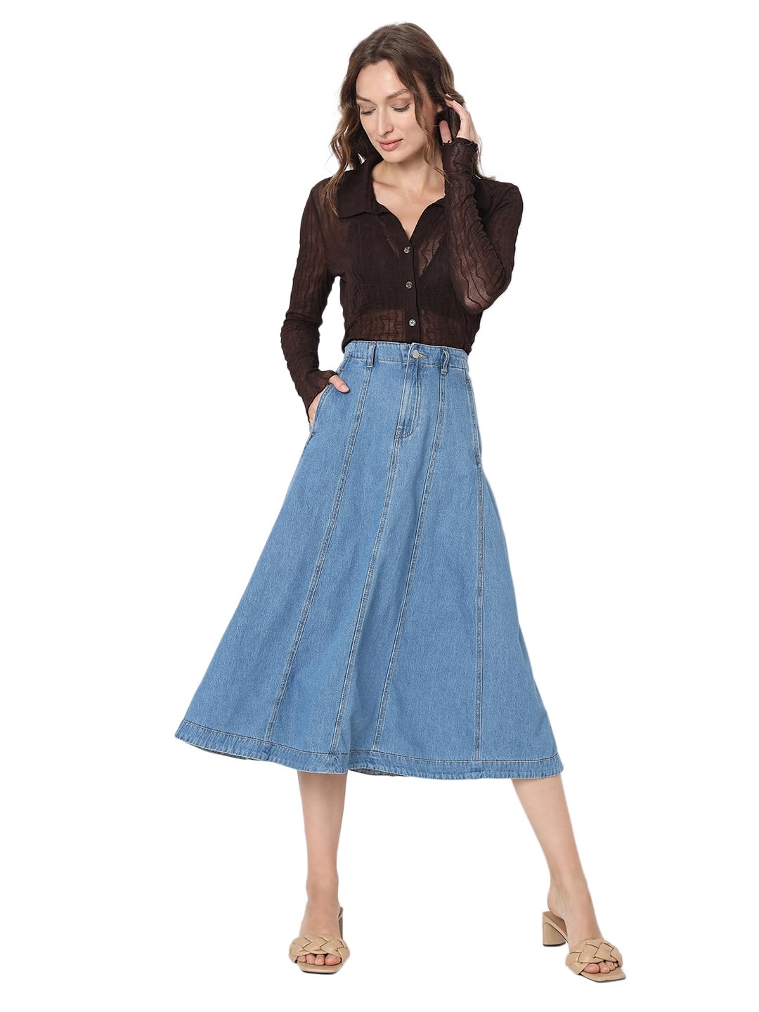 VERO MODA Women Solid Blue Cotton A-Line High Rise Midi Length Skirt