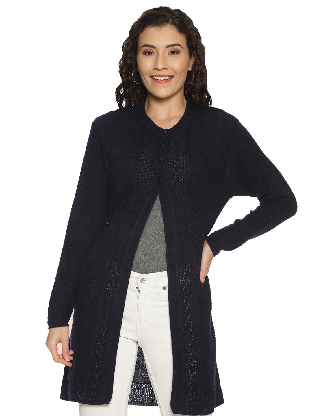 Clapton Winter WearWool Blend Round Neck Full Sleeve Button Self Design/Solid Long Shrug for Women-REXNV4024-NAVY_M