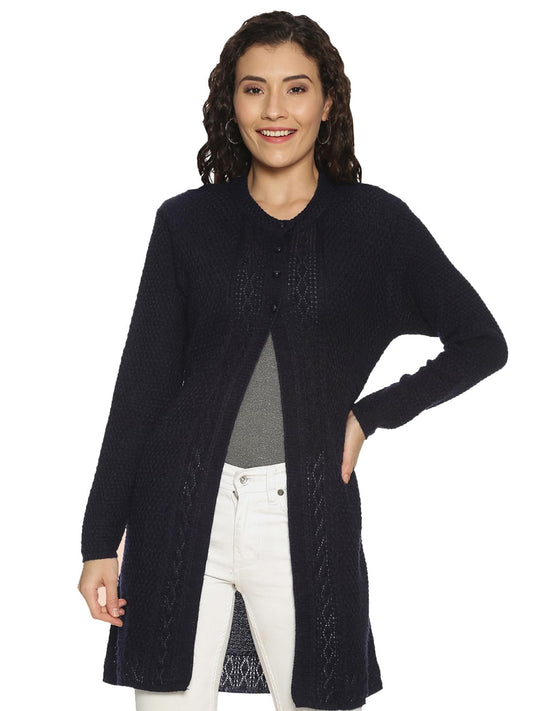 Clapton Winter WearWool Blend Round Neck Full Sleeve Button Self Design/Solid Long Shrug for Women-REXNV4024-NAVY_M