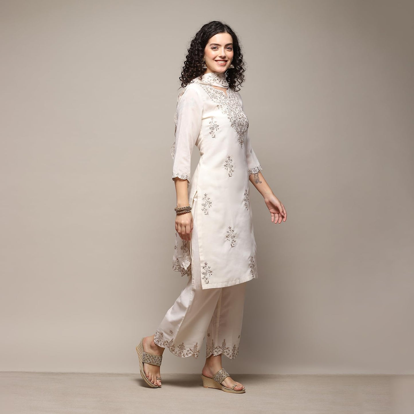 BIBA Cotton Blend Women Embroidery Straight Salwar Kurta Dupatta(Skdassorted8609_Off White_38)