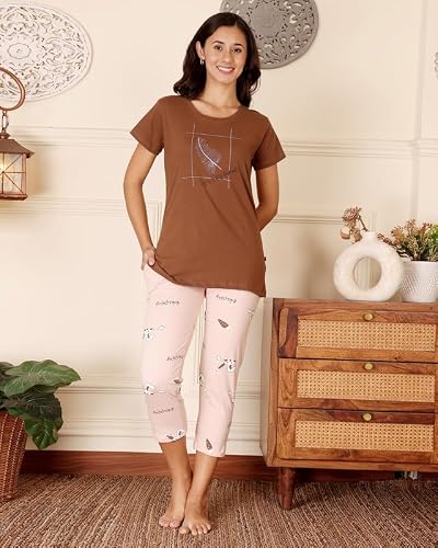 BODYCARE Women's Cotton Printed T-Shirt and Capri Set | Soft & Breathable Nightwear | Short Sleeves | Loungewear Co-Ord Set| BSCS16029_100 Multicolour
