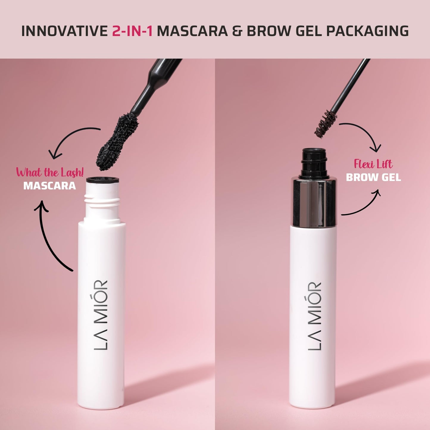LA MIOR What The Lash! Mascara & Flexilift Brow Gel Duo - Extreme Volume + Length + Hypercurl, 24 Hr Wear, Waterproof, False Lash Effect, 2-in-1 Tinted Brow Lift with Biotin & Argan (Ultra Black)
