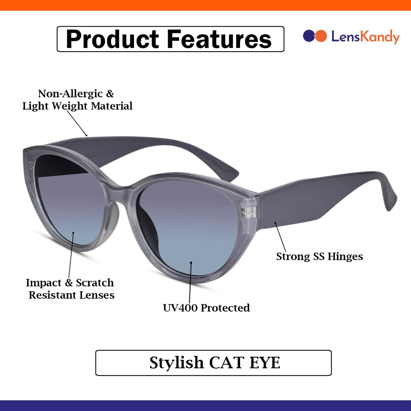 LensKandy Cateye Sunglasses for Women medium sized UV400 Protection | 9111-Grey