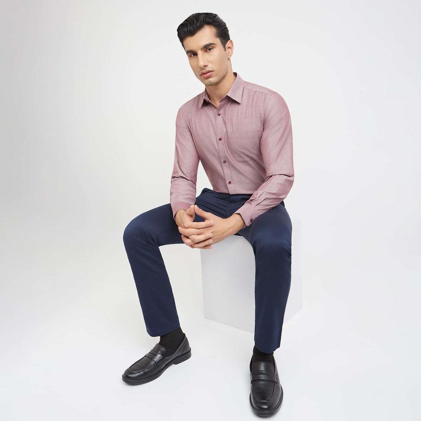 Raymond Men Slim Fit Solid Pattern Pure Cotton Semi Cutaway Collar Full Sleeve Formal Shirt (Size: 42)-RMSX12950-R6 Red