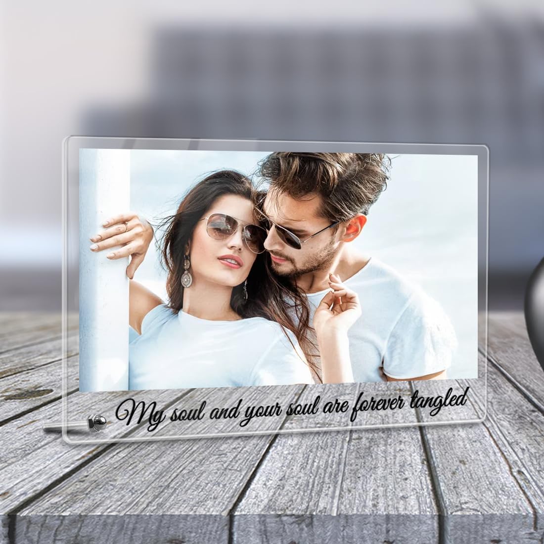 Fashionury Customised Photo and Text Frame Personalized with Metal Removable Stand | Table Top Horizontal Photo Frames | Photo Frame Anniversary and Gift Birthday (Transparent Acrylic, 6 * 9 Inches)