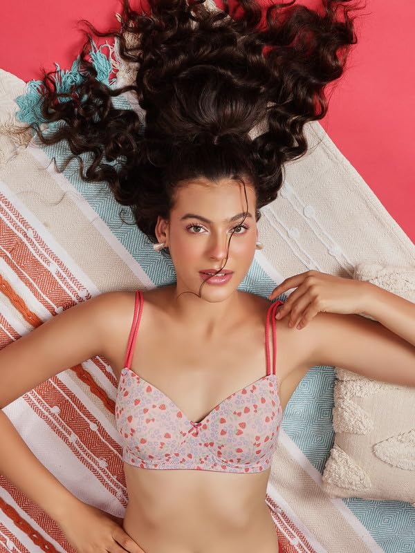 Clovia Women's Printed Padded Non-Wired T-Shirt Bra with Adjustable Satin Dual Straps - Pink