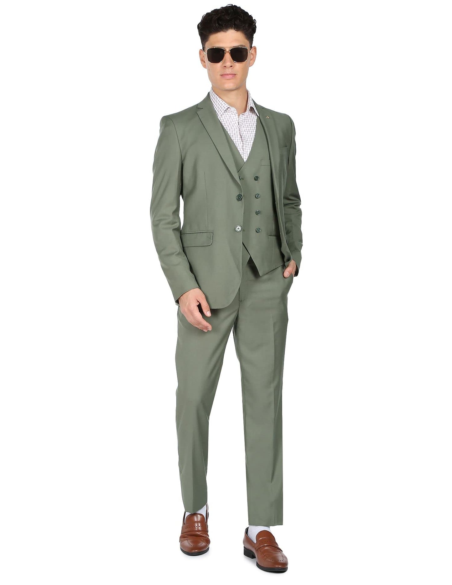 Arrow Men Green Tailored Regular Fit Three Piece Suit