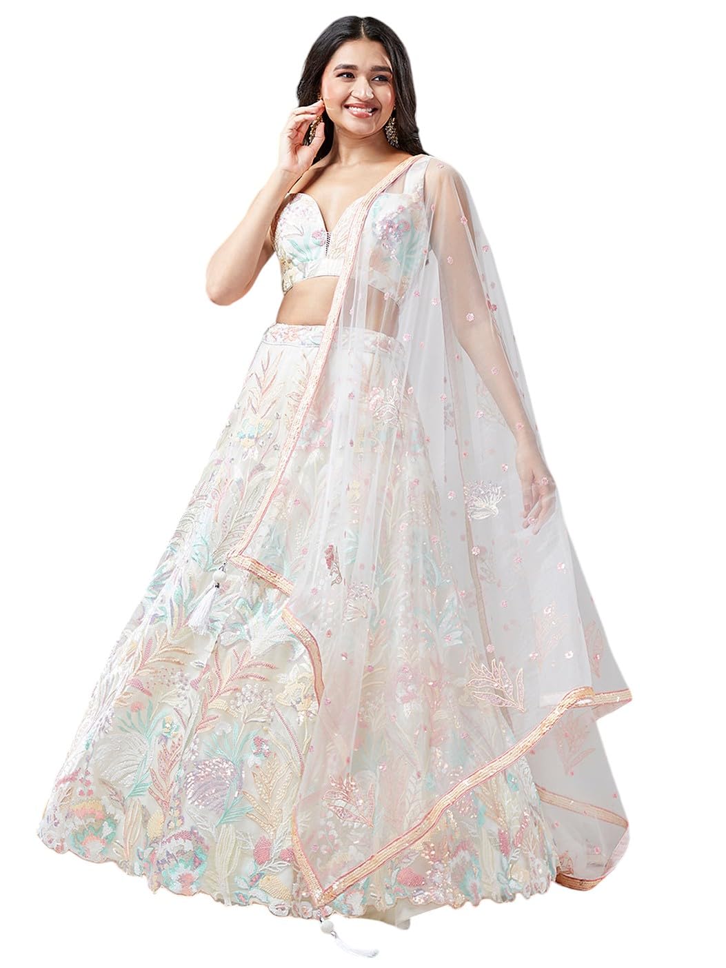 Zeel Clothing Women's Sequins Embroidered Soft Net Lehenga Choli With Dupatta (6032-Off-White-Wedding-Lehenga-Choli-New; Free Size)