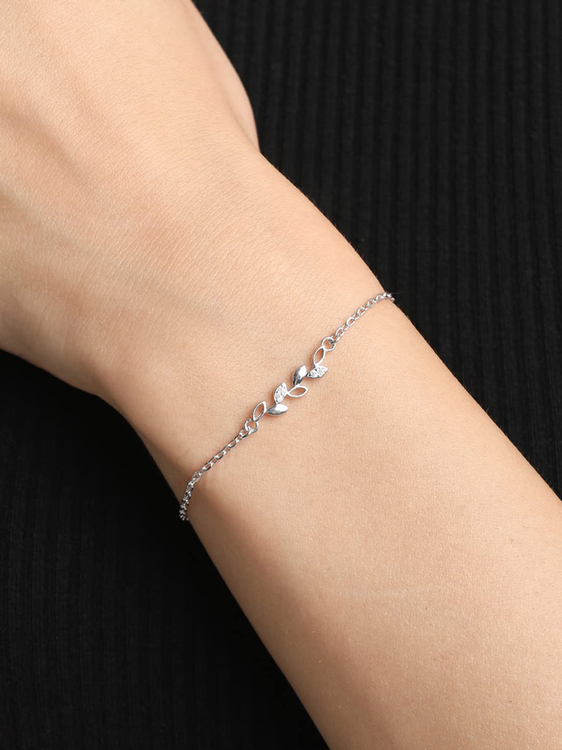 Clara 925 Sterling Silver Leaf Bracelet, Adjustable, Rhodium Plated, Swiss Zirconia Gift for Women and Girls