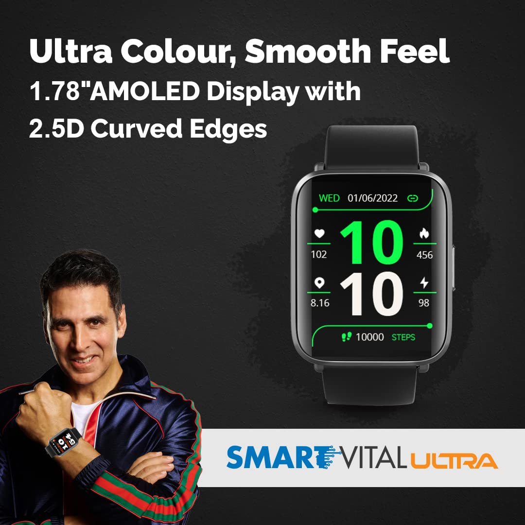 GOQii Smart Vital Ultra Smartwatch Jet Black 1.78'' AMOLED 368x448 & 2.5D Cureved Display with 10 Days Battery SPO2 & Real-Time Heart Rate Tracking, IPX68 Waterproof with 3 Months Personal Coaching