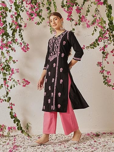 Ada Hand Embroidered Lucknowi Chikankari Straight Cotton Round Neck Kurti Kurta for Women A411771 (2XL) Black/Pink