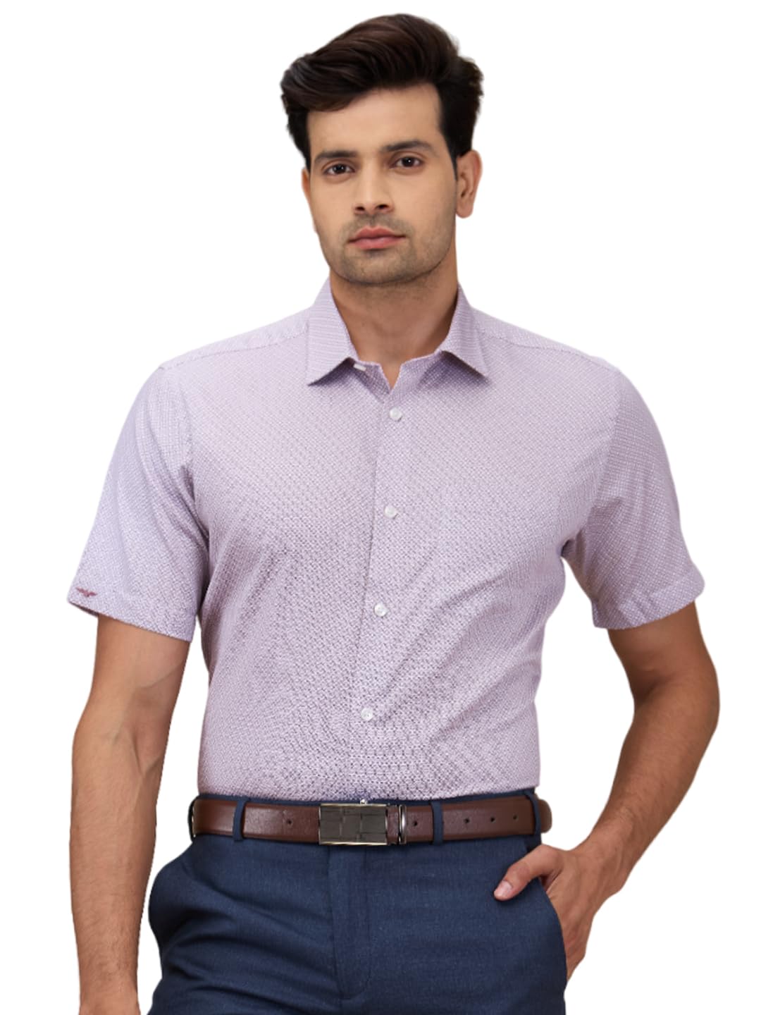 Park Avenue Men Regular Fit Print Pattern Pure Cotton Semi Cutaway Collar Half Sleeve Formal Shirt (Size: 39)-PMSL18534-V5 Medium Violet