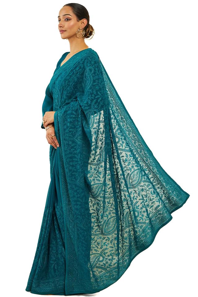 Soch Womens Teal Georgette Saree With Paisley Embroidery And Stone