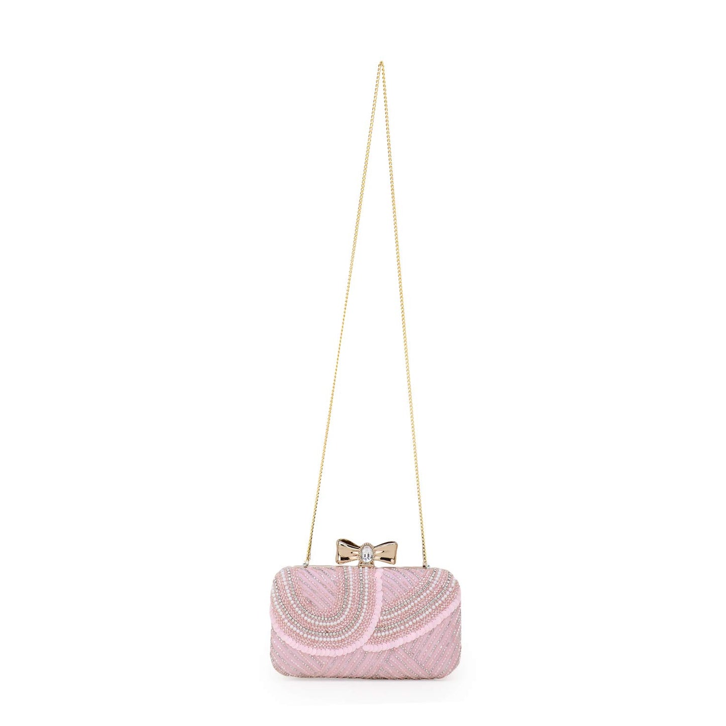 Anekaant Adorn Baby Pink & White Embellished Faux Silk Clutch