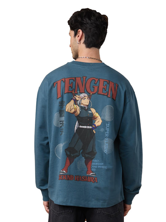 The Souled Store Demon Slayer: Tengen Men and Boys Long Sleeve Round Neck Blue Graphic Printed Drop Shoulder Casual Anime Streetwear Oversized T-Shirt