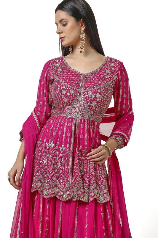 Soch Womens Fuchsia Georgette Embroidered Leaf Neck Padded Lehenga Choli