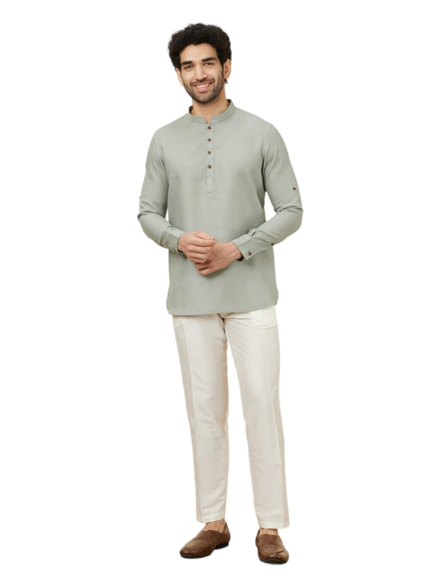 Manyavar Mens Pista Green Linen Short Kurta