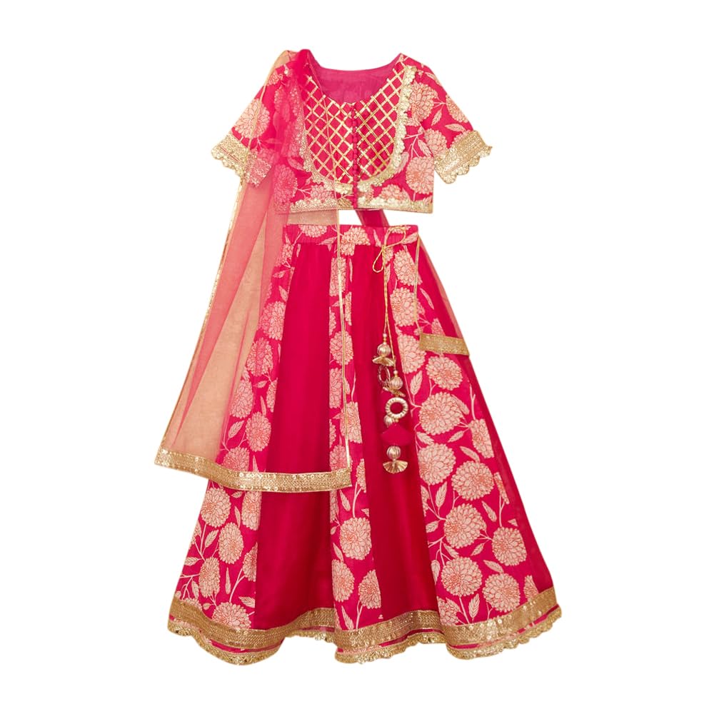 Hopscotch Girls Silk Blend Blouse and Lehenga Ethnic Set with Dupatta Readymade In Red Color For Ages (5-6 Years)