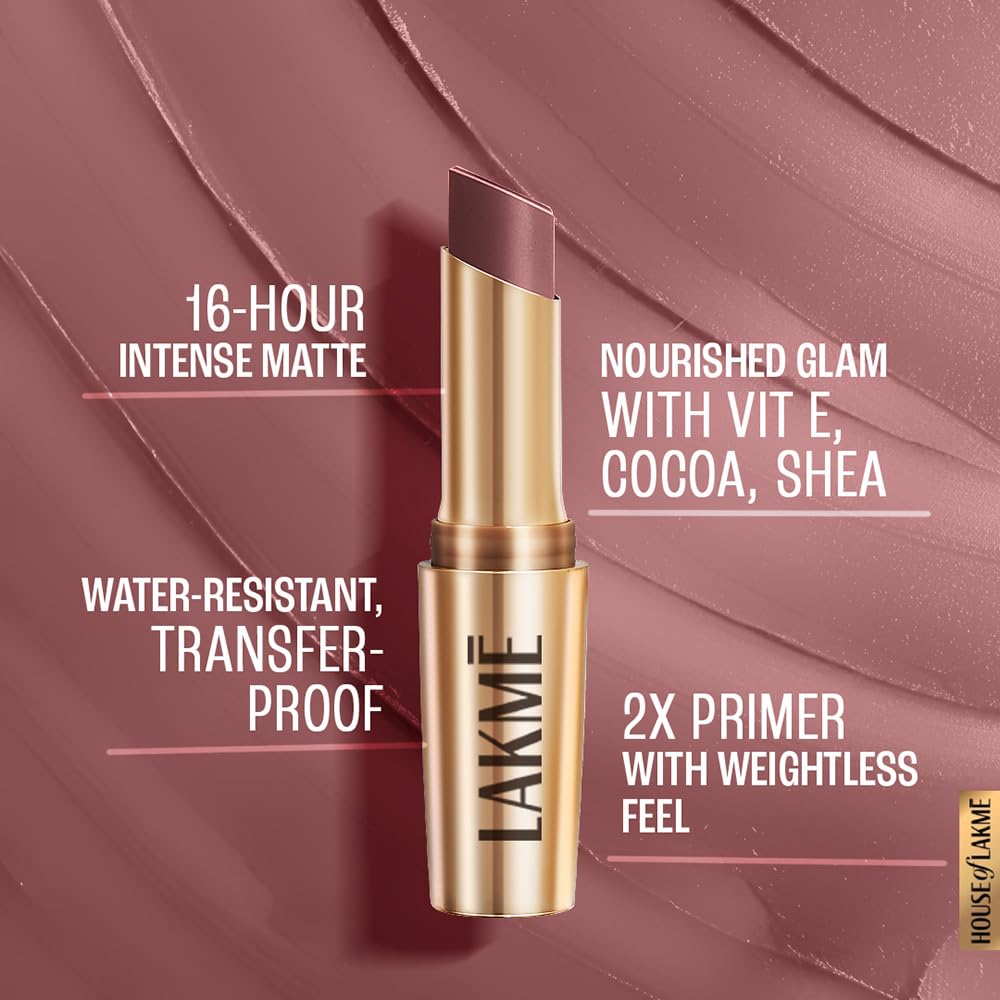 Lakme Powerplay Priming Matte Lipstick, Smooth Matte Finish, Lightweight Lipstick, Smudgeproof, Lasts 16hrs, Hydrates Lips, Dusty Pink, 3.6g
