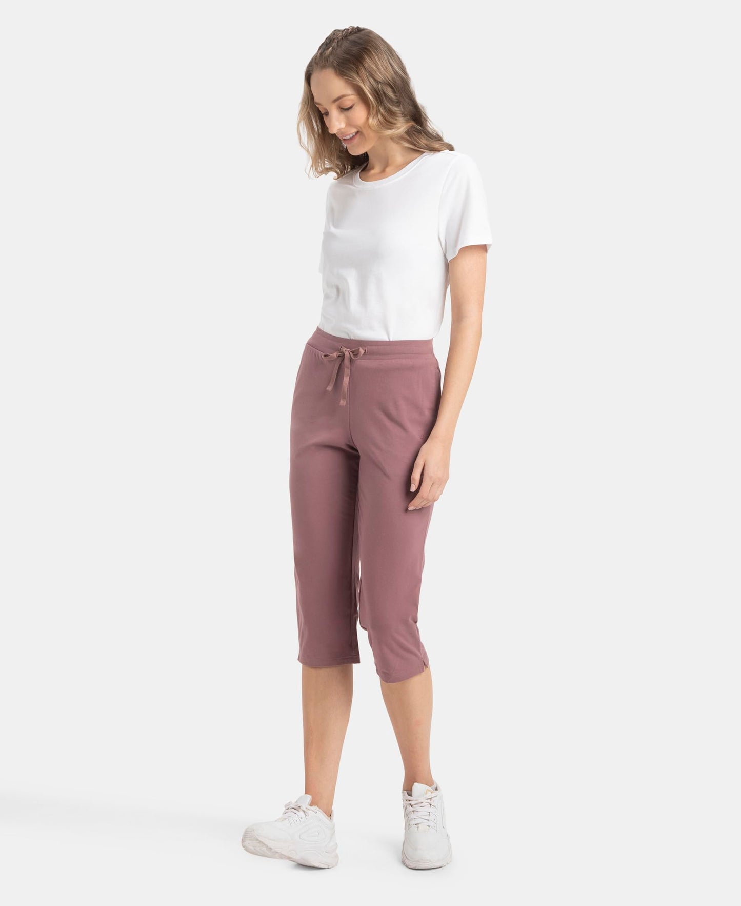 Jockey 1300 Women's Super Combed Cotton Elastane Stretch Slim Fit Capri with Side Pockets_Burnt Rose_XL