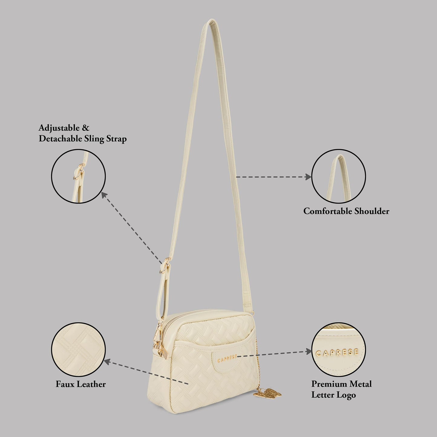 Caprese Cloud Medium Sling Bag for Women | Embossed Faux Leather Crossbody & Shoulder Bag | Adjustable & Detachable Strap | Multi-Compartment Purse with Zipper Closure & Butterfly Charm (Alpine Oat)