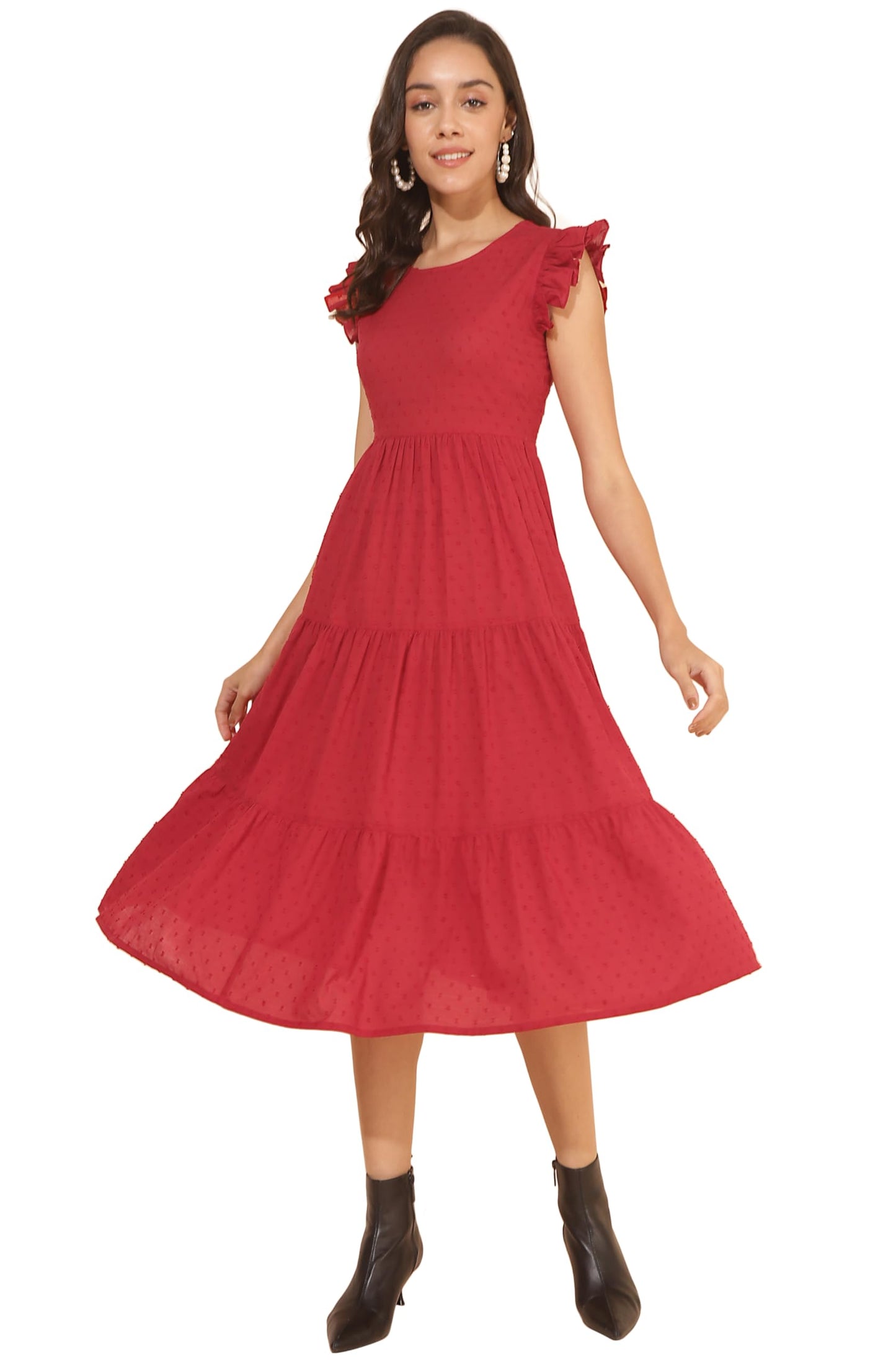 Janasya Women's Red Cotton Dobby Solid Tiered Dress(JNE4371-DR-M)