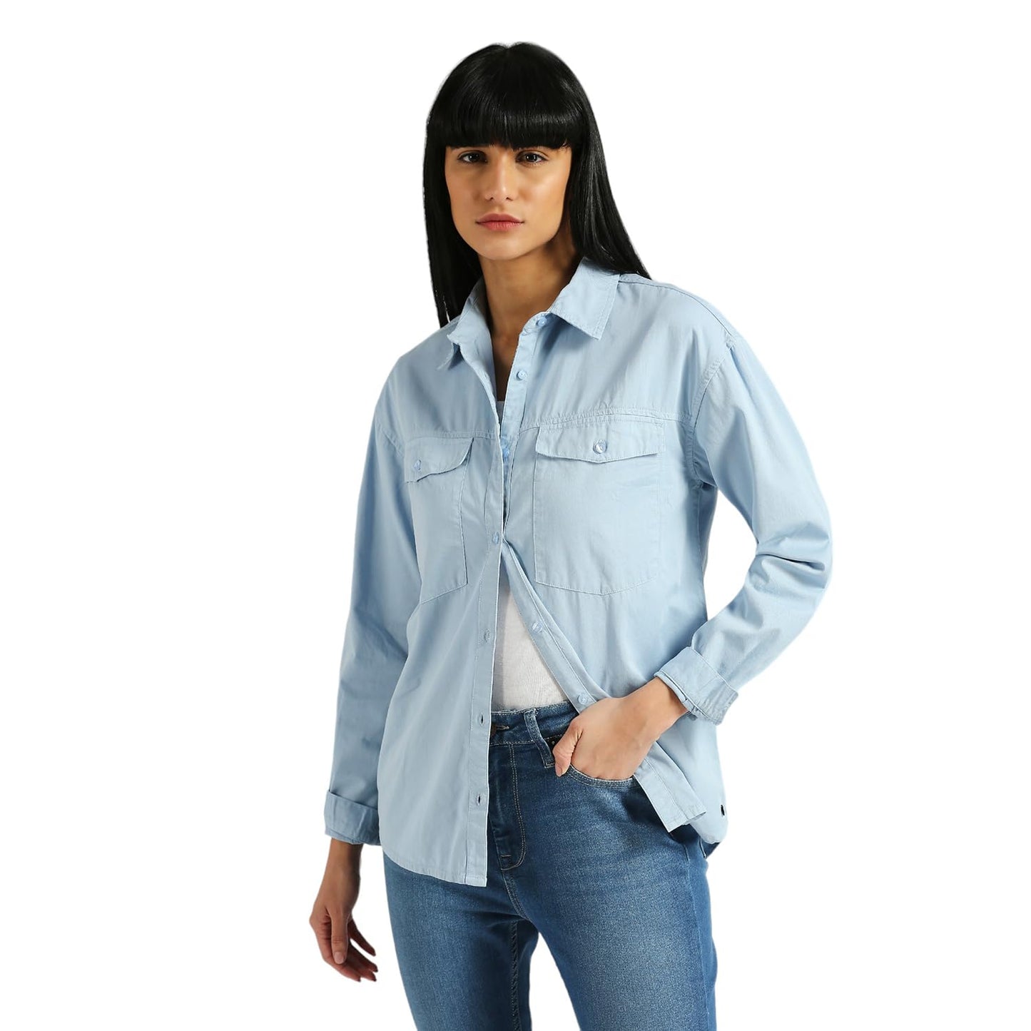Pepe Jeans Women's Solid Relaxed Fit Shirt (PL304911_Blue