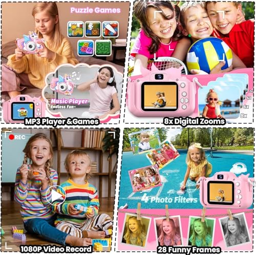 CAMKORY Kids Camera Digital Camera for Age 3-8,1080P HD Video Selfie Toddler Camera with Soft Cover, Christmas Birthday Gifts for Kids - 32GB SD Card - Pink, Light Pink