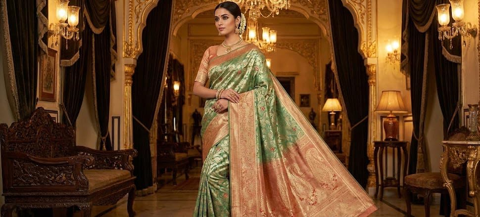 VFCollections Women's Kanchipuram Silk Pure Pattu Sarees – Peacock Border with Blouse (VFC694-3)