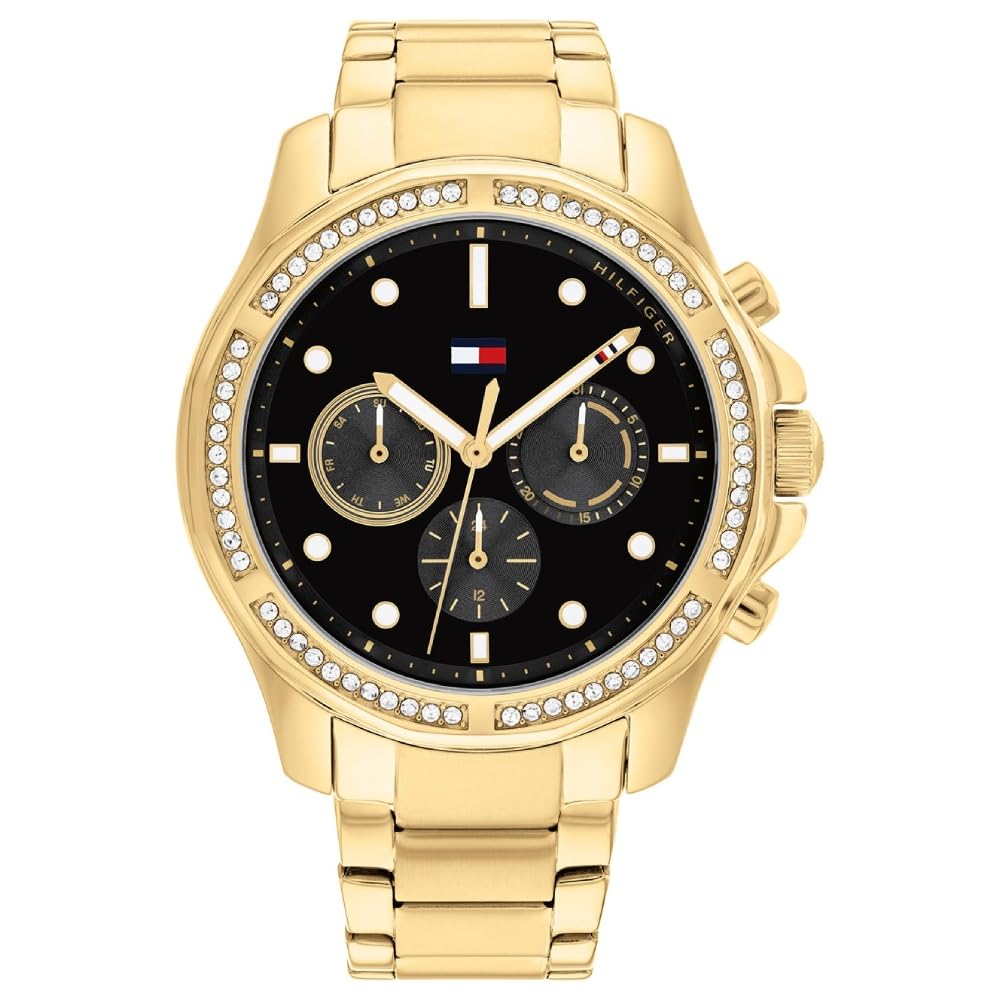 Tommy Hillfiger Brooklyn Quartz Multifunction Black Dial Gold Stainless Steel Strap Watch for Women