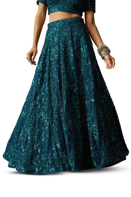 Soch Womens Teal Net All-Over Floral Pattern Sequin Embellished Unstitched Lehenga Set