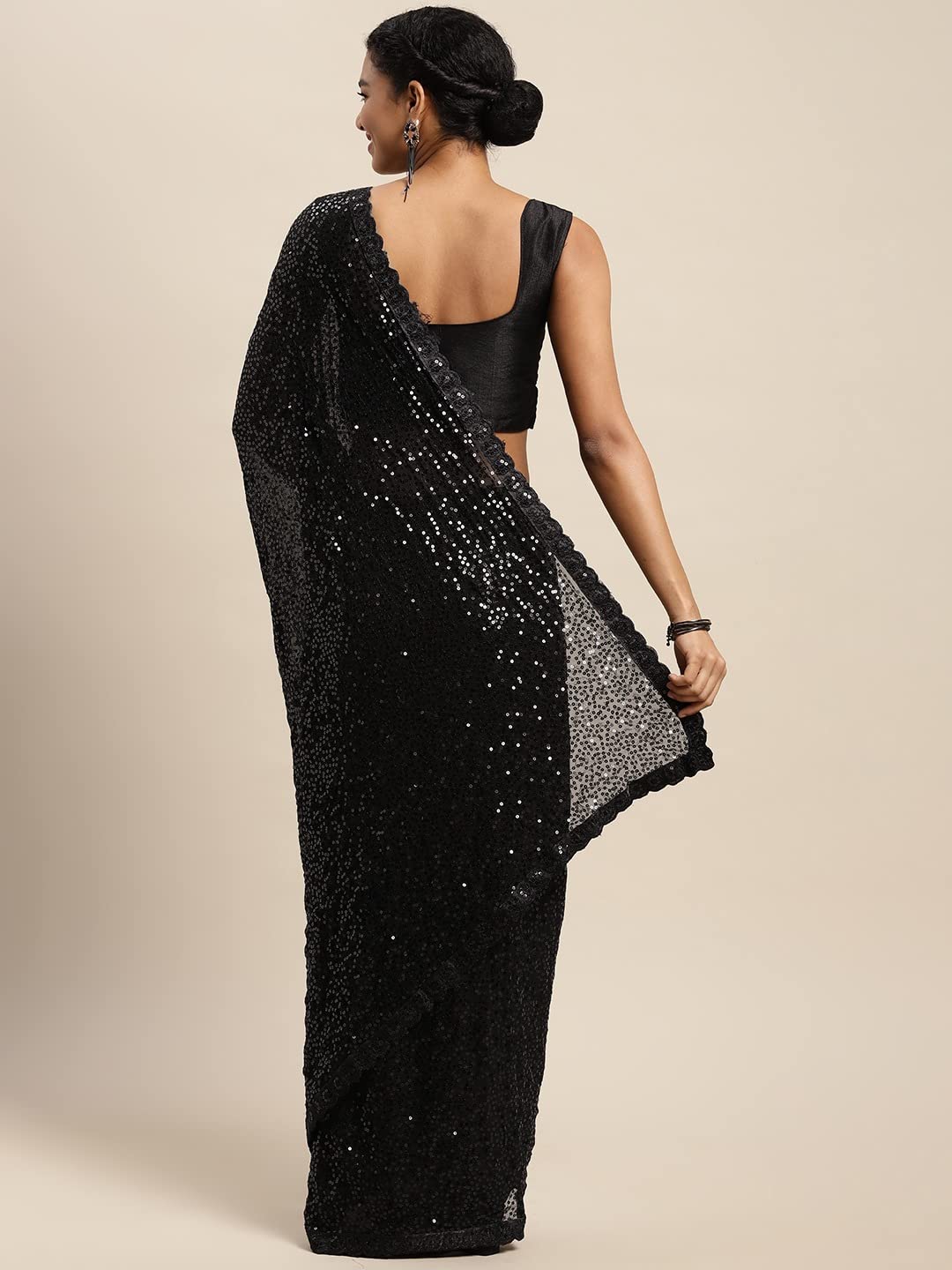 Pandadi Saree Women Black Georgette Saree With All-Over Sequin Work And Satin Banglori Blouse