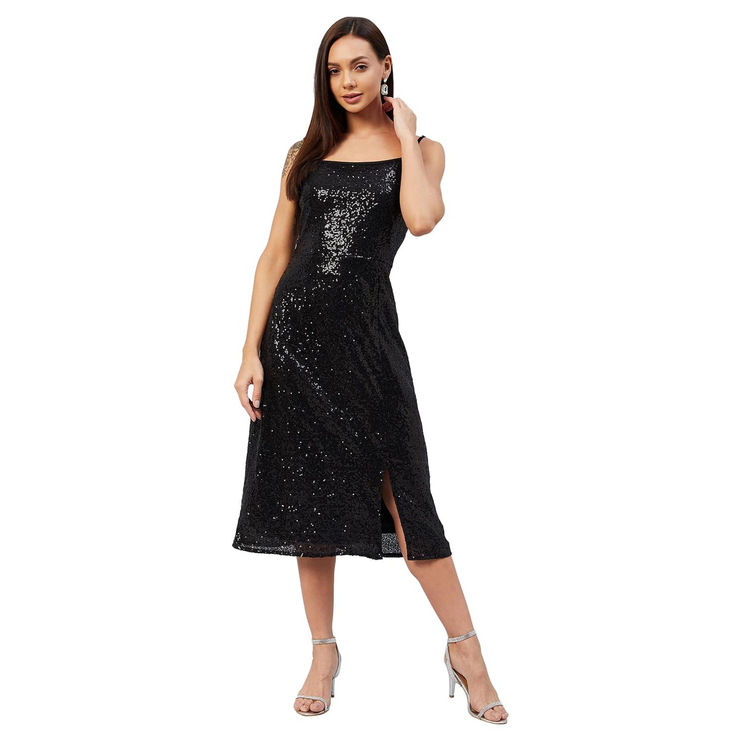 Carlton London Women's Georgette A-Line Midi Casual Dress (CL645A_Black_M)