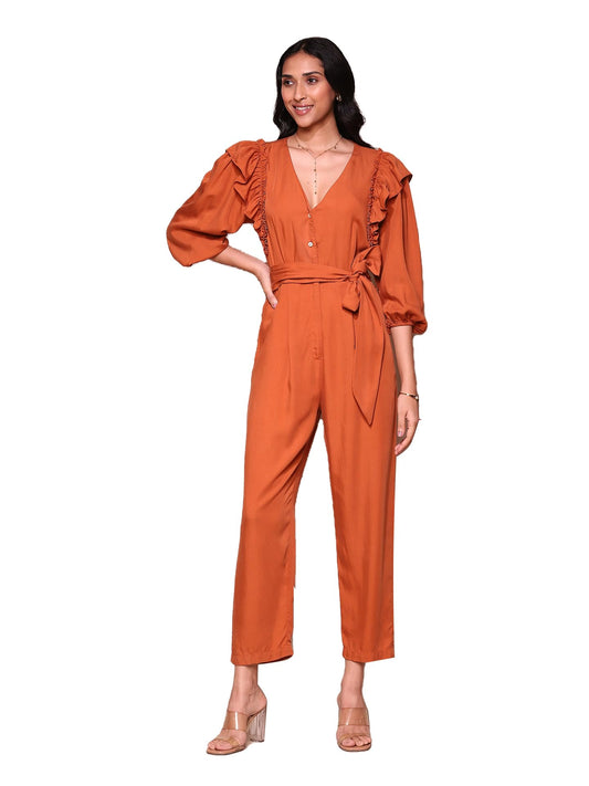 Label RITU KUMAR Rust Ruffle Jumpsuit