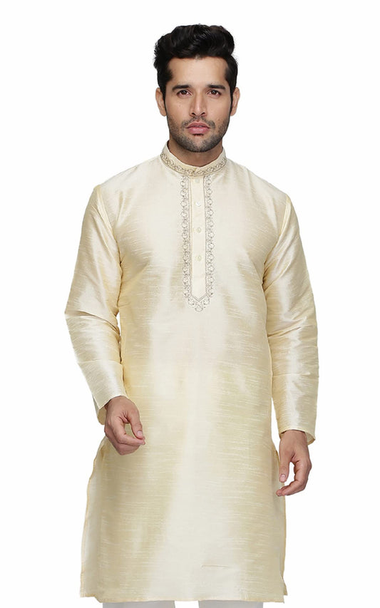 Royal Kurta Men's Embroidered Silk Kurta and Pyjama Set (40, Kurta only, Gold)