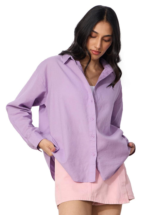 The Souled Store Cotton Linen: Lavender Women and Girls Long Sleeves Collared Neck Button Front Solid Cotton Linen Boyfriend Shirts