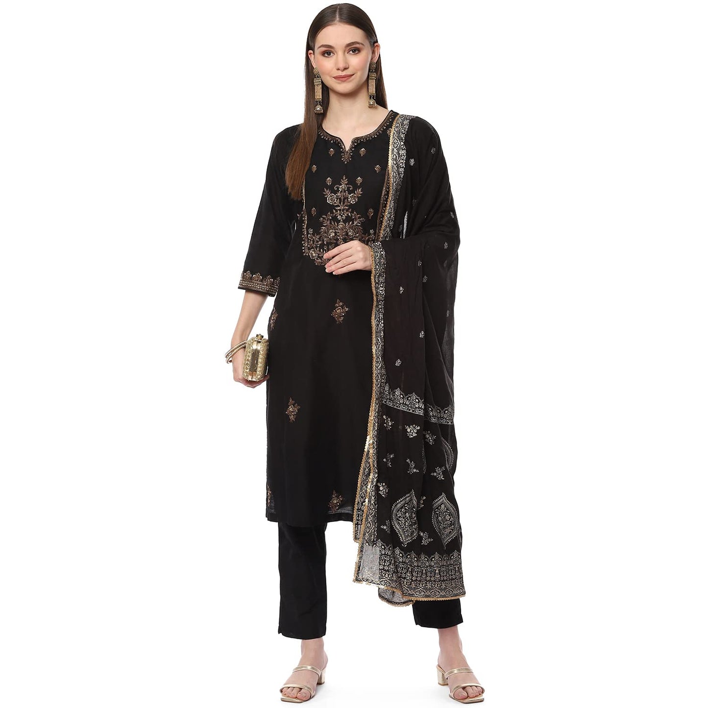BIBA Women's Solid; Embroidred Narrow Salwar Kurta Dupatta(Skd7185_Black_38) - Viscose