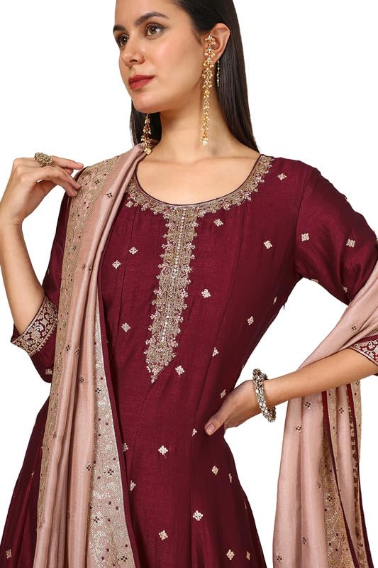 Soch Womens Maroon Silk Blend Suit Set With Sequins