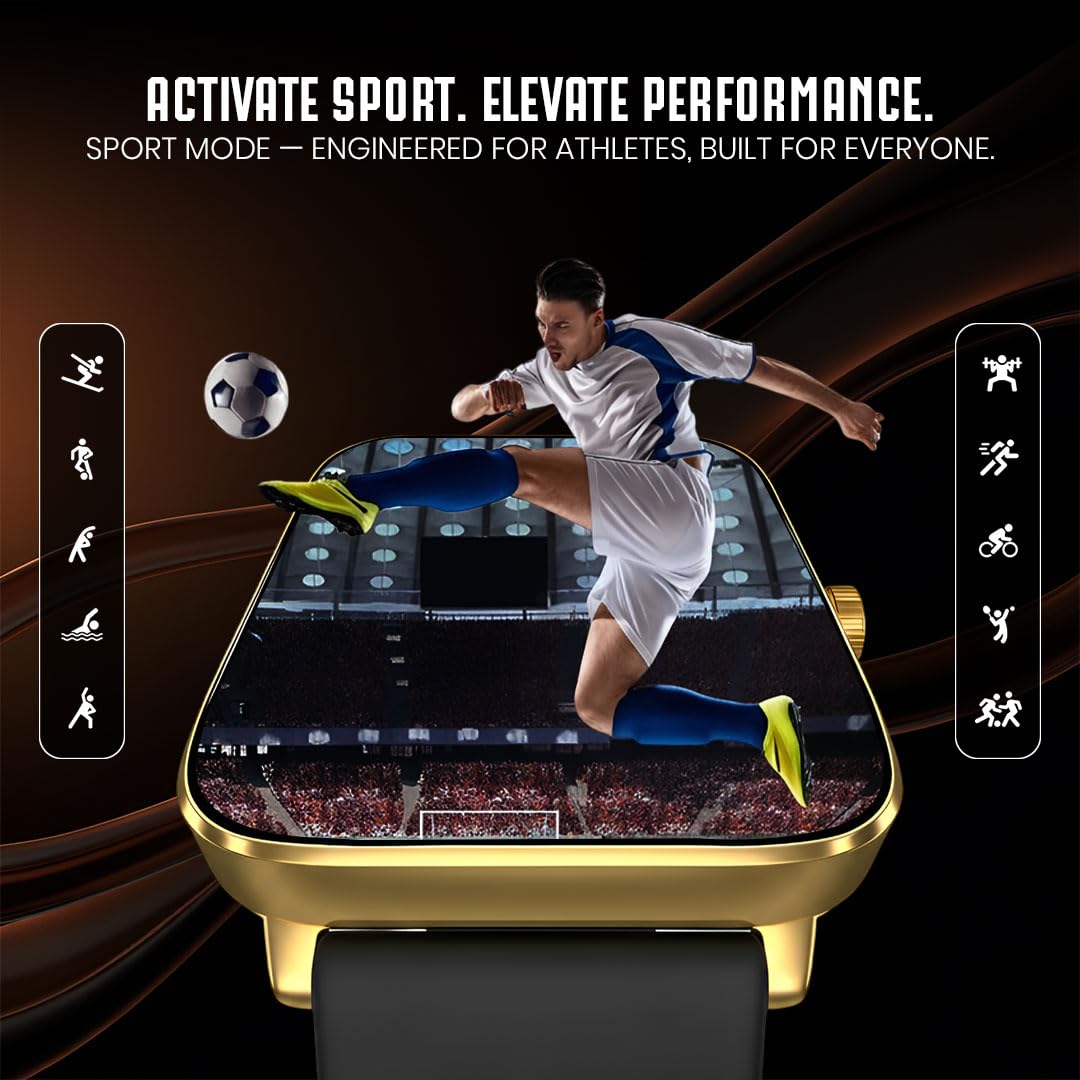 PunnkFunnk NeoLux 1.96” HD Display Smartwatch for Men & Women 2025 | Bluetooth Calling | 110+ Sports Modes | Heart Rate | SpO2 | IP67 Waterproof | Compatible with Android & iOS - (Gold Dial Black)