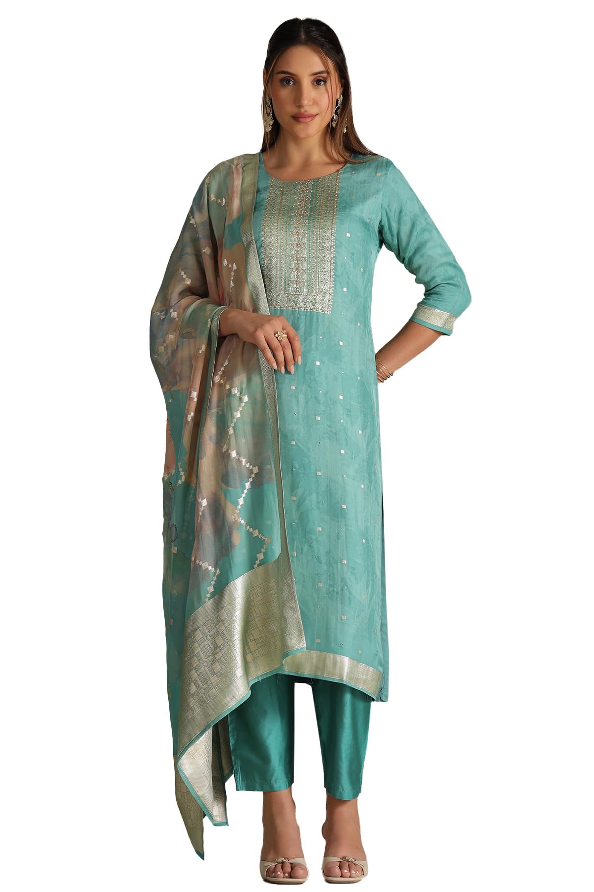 Soch Womens Organza Zari Woven Suit Set With Faux Mirror And Sequins